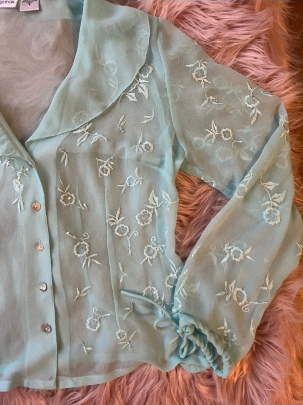 Sheer Embroidered Beaded Fairy Tie-Sleeve Blouse - Picture 2 of 11